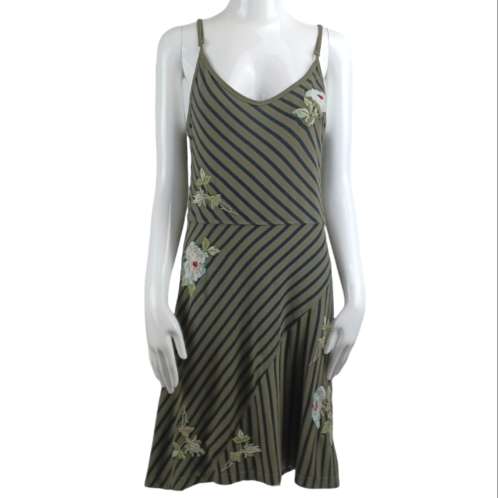 JOHNNY WAS Striped Spaghetti Strap Embroidered Midi Tshirt Sun Dress Small